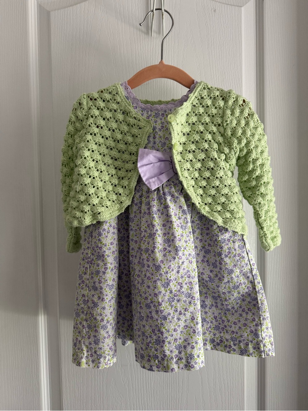 Carter's Light Green Crochet Cardigan with Lavender Bow Dress